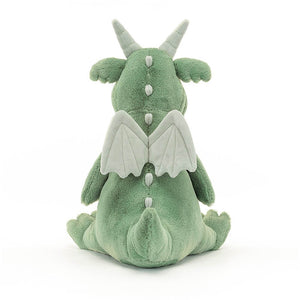 Rear view of Jellycat Adon Dragon showing his spread out wings.