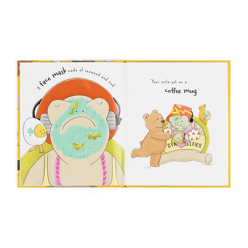 Illustrated book pages showing Timmy Turtle with a face mask and friends cheering him up.