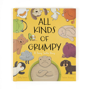 Jellycat All Kinds of Grumpy hardback book featuring Timmy Turtle and friends on a yellow cover.