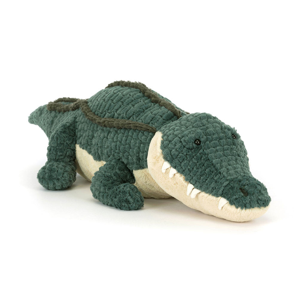 Jellycat Allexi Alligator soft toy front view showing plush textured green body, cream snout, embroidered nostrils, and detailed teeth with hard safety eyes.