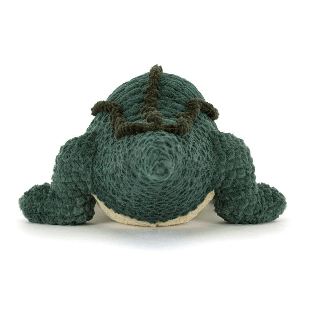Back view of Jellycat Allexi Alligator cuddly toy displaying detailed ridged spine, coiled tail, and velvety green textured plush.