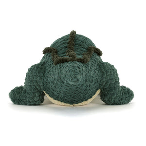 Back view of Jellycat Allexi Alligator cuddly toy displaying detailed ridged spine, coiled tail, and velvety green textured plush.