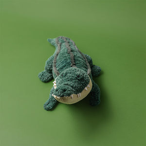 Jellycat Allexi Alligator plush toy photographed from above on a green background, showing its soft textured green body, corded ridged back, and friendly toothy grin.