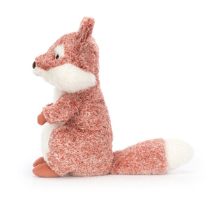 Side profile of the Jellycat Ambrosie Fox plush toy, showcasing its detailed features and red coat.