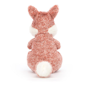 Back view of the Jellycat Ambrosie Fox plush toy, emphasizing its playful pose and squooshy tail.