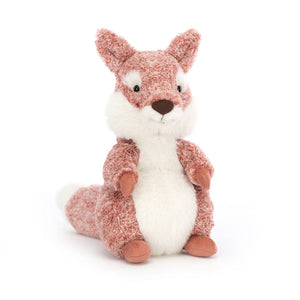 Adorable Jellycat Ambrosie Fox plush toy, angled view, showcasing its freckled red fur and playful expression.