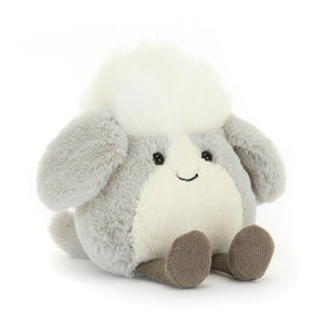 Adorable Jellycat Amuseabean Sheepdog showcasing its chibi-style design, soft vanilla tummy, and charming details like a mischievous grin and silky hairdo.
