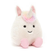 Jellycat children's soft toy in the shape of a magical unicorn with a pointy horn and little pink boots.