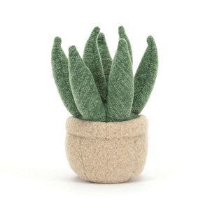 Playful Jellycat Amuseable Aloe Vera Small plush showcasing its punky green "succulent" arms and cozy toffee cord boots, sitting snugly in a felt biscuit pot shaped like a miniature plant container.