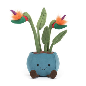 A front-on view of the adorable Jellycat Amuseable Bird of Paradise plush, featuring its vibrant red, green, and purple flowers with fuzzy orange petals in full bloom. The plush sits nestled in a teal suedette pot filled with fluffy cocoa soil, ready to bring a touch of paradise to any space.
