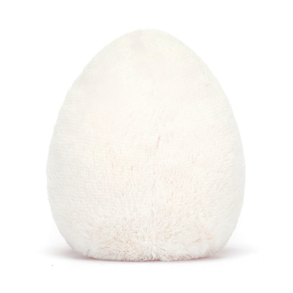 Super-soft Jellycat Egg Geek plush, viewed from behind, emphasizing its adorable stitched details and plushness.