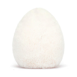 Super-soft Jellycat Egg Geek plush, viewed from behind, emphasizing its adorable stitched details and plushness.