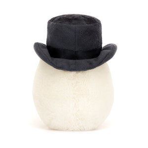 Back View: Classic Jellycat Amuseable Boiled Egg Groom plush with a white plush body, sunny yellow yolk, and dapper top hat. A unique wedding gift.