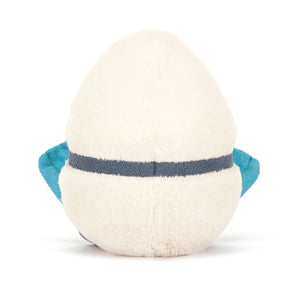 Back View: Bubbles and cuddles! The Jellycat Amuseable Boiled Egg Scuba with its mini scuba tank is a unique bath toy or cuddly companion.