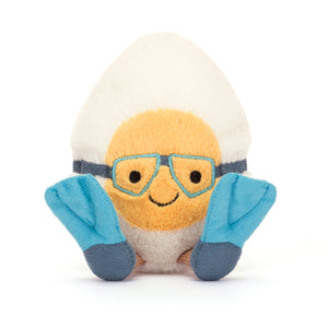 Front View: Dive deep with the Jellycat Amuseable Boiled Egg Scuba! Sporting a mask, tank, and flippers, it's ready for bath time fun.