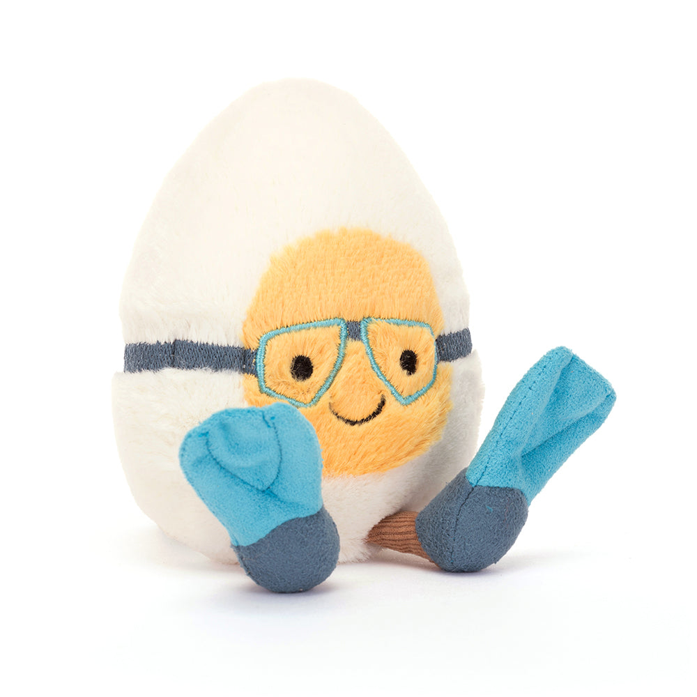 Angled View: Make a splash with the Jellycat Amuseable Boiled Egg Scuba! This quirky plush is geared up for underwater adventures.