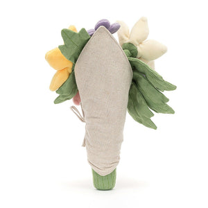 The back of the Jellycat Bouquet, featuring the charming hessian wrap and embroidered details on the stems.