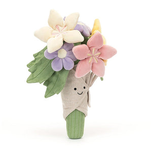 A vibrant Jellycat Amuseable Bouquet of Flowers, bursting with colorful blooms in pinks, creams, purples, and yellows,