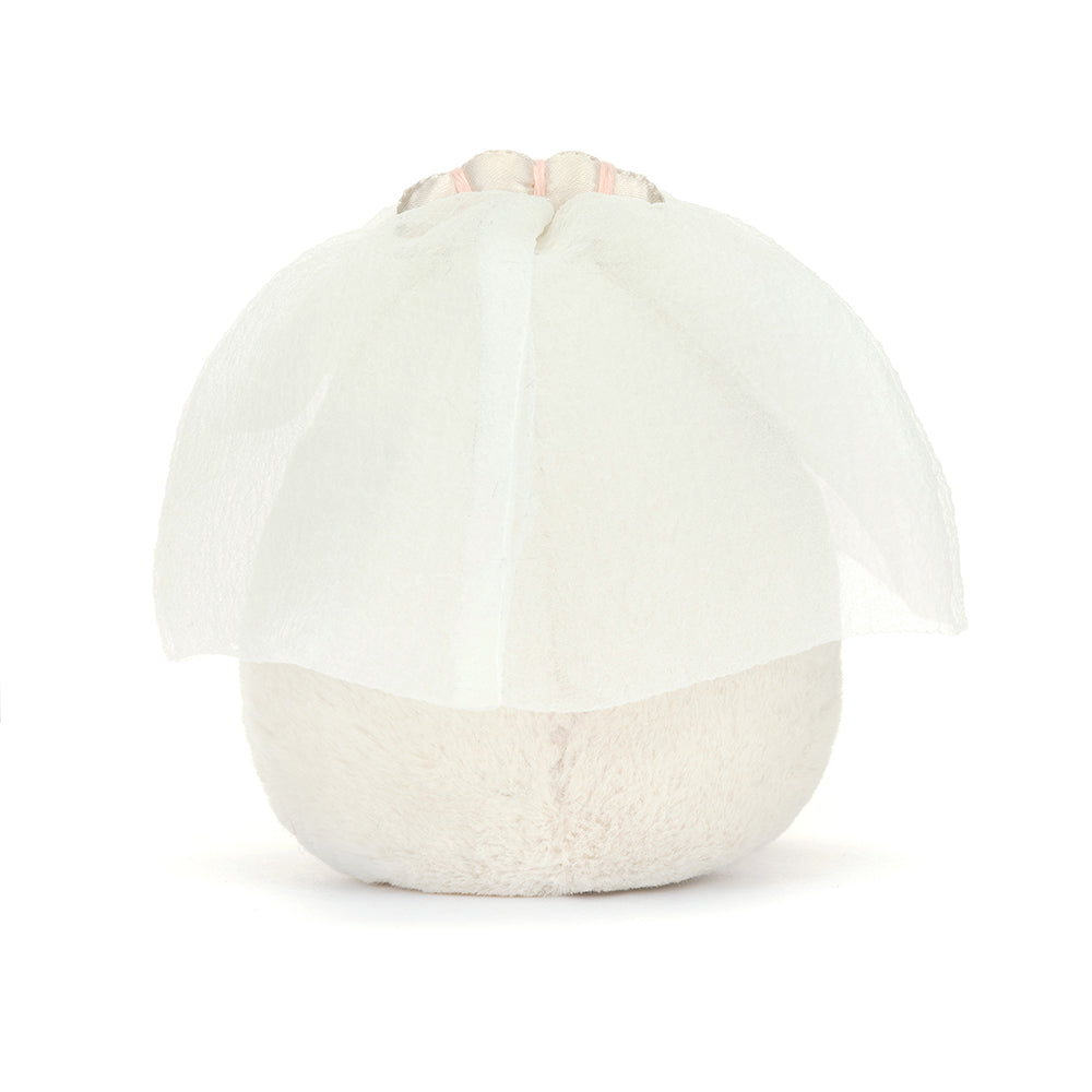 Back View: Sweet Jellycat Amuseable Boiled Egg Bride plush with a white plush body and sunny yellow yolk. Perfect for cuddling.