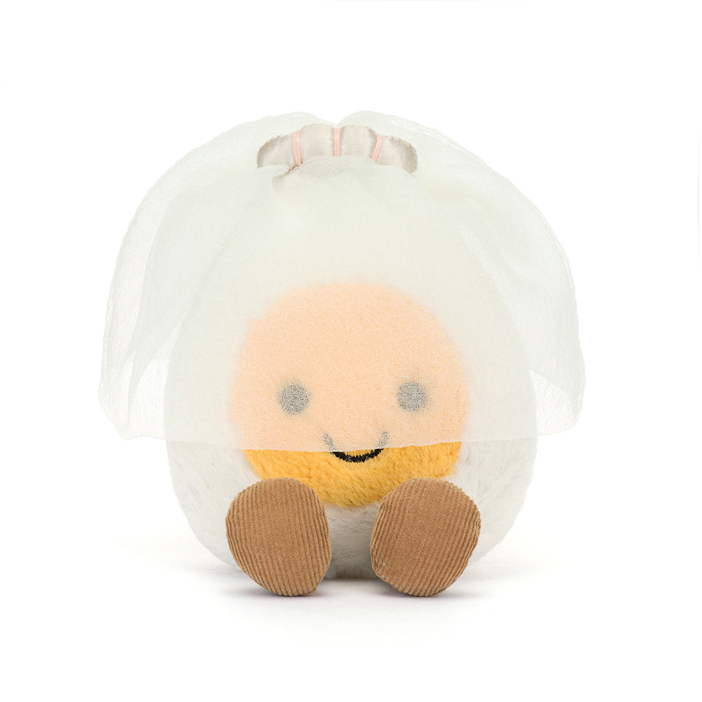 ront View: White Jellycat Amuseable Boiled Egg Bride plush with sunny yellow yolk, delicate veil, and tiara.