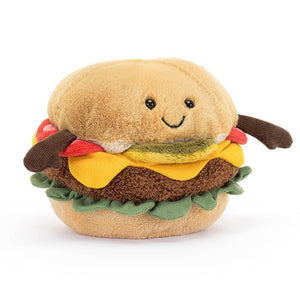 Jellycat Amuseable Burger children's soft toy with a smily face and little arms.
