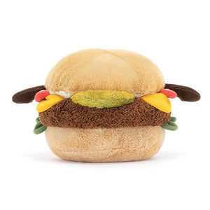 From behind the Jellycat Amuseable Burger children's soft toy.