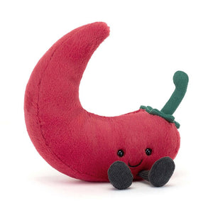A fiery red crescent pepper plushie with a green suedette stalk, cocoa cord boots, and a beany base for sitting up.
