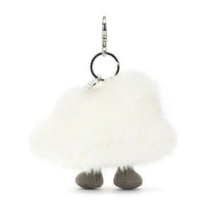 A close-up photo of the Jellycat Amuseable Cloud Bag Charm's soft white fleece and cheeky button eyes.