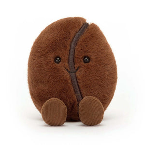 A cuddly brown Jellycat Amuseable Coffee Bean plushie with glittery eyes and a cheeky smile.