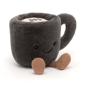 Adorable Jellycat Amuseable Coffee Cup plush, smiling brightly with a suedette ombre latte inside and embroidered Jellycat logo.