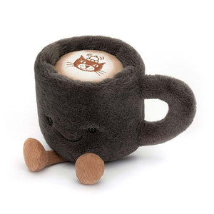 Delightful Jellycat Coffee Cup plush seen from above, revealing its cozy interior and embroidered Jellycat logo.