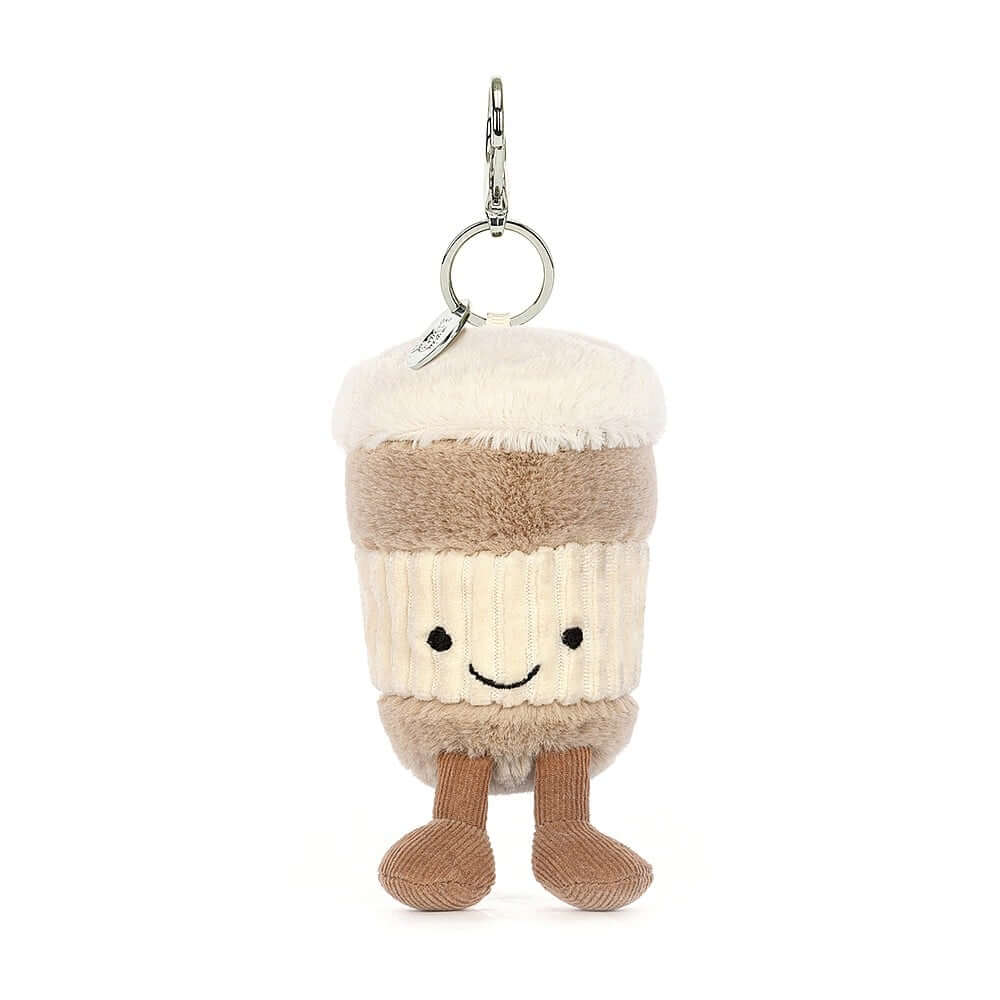 The Jellycat Amuseable Coffee-To-Go Bag Charm with bag attachment and tiny little feet.