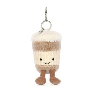 The Jellycat Amuseable Coffee-To-Go Bag Charm with bag attachment and tiny little feet.