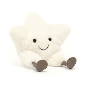 Jellycat soft toy in the shape of a white star and finished with grey corduroy feet.