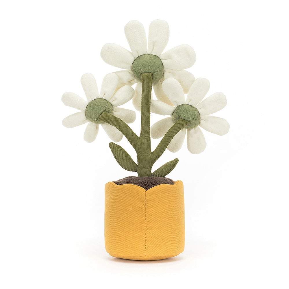 A rear view of Jellycat Amuseable Daisy, showing green corded stems.