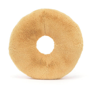 ack view of the Jellycat Amuseable Doughnut, highlighting its soft golden fur, cordy boots, and charming details.
