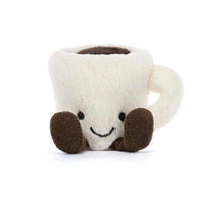 Front view of the Jellycat Amuseable Espresso Cup showcases its adorable face, rich coffee filling, and charming cordy feet. A mini friend for coffee lovers and cuddle enthusiasts.