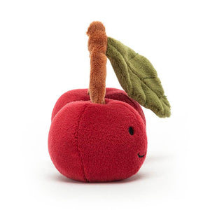 From the side the Jellycat Amuseable Fabulous Fruit Cherry children's soft toy.