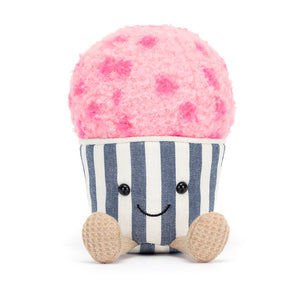 Deliziosa! The Jellycat Amuseable Gelato features a yummy pink scoop, a charming blue and cream striped cup with waffle feet, and a big smile.