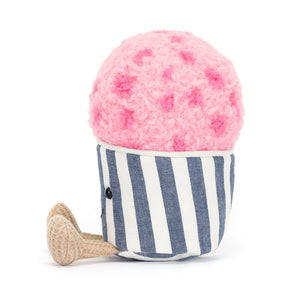 Jellycat Amuseable Gelato! Showcasing its textured pink scoop, adorable blue and cream striped cup and cute waffle feet.