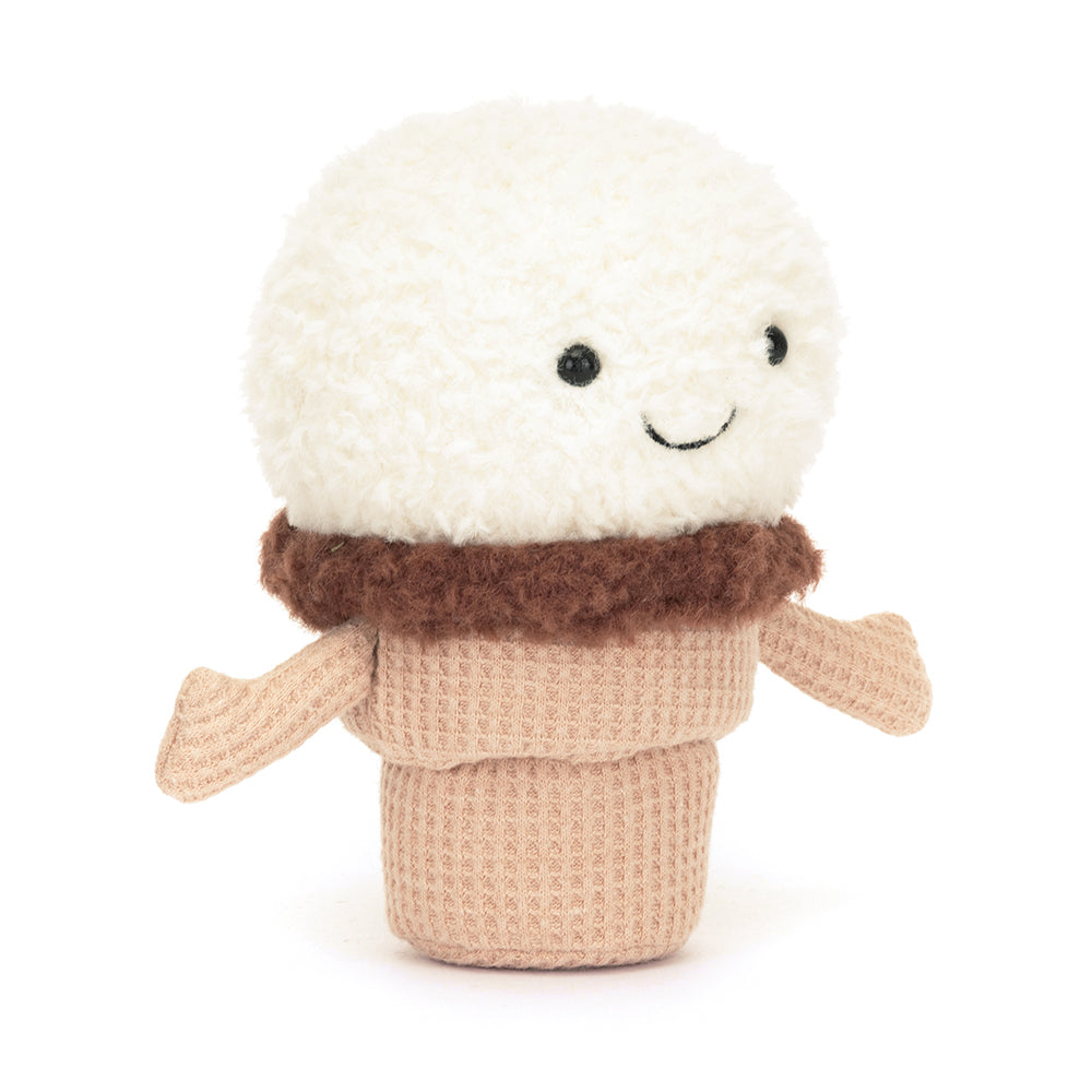 Chill out with the Jellycat Amuseable Ice Cream Cone. Waffle cone with a fluffy chocolate edge and a scoop of ice cream.