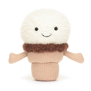 Smiling Jellycat Amuseable Ice Cream Cone  with a yummy textured cream scoop, fluffy chocolate dipped waffle cone, and open arms for the sweetest hugs.