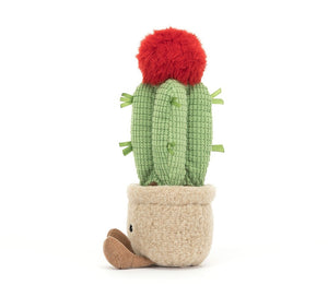 Side profile of the Jellycat Moon Cactus plush, showcasing its charming green grid-patterned stem, fluffy red crown, and soft ribbon "spikes". This huggable cactus is 21 cm tall and fun for all ages!