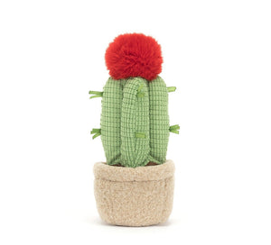 Sweet Jellycat Moon Cactus waddles away in its oat felt pot, chocolate cord boots peeking out. Its super-soft ribbon "spikes" and fluffy red crown add whimsical charm. Safe and cuddly for everyone!
