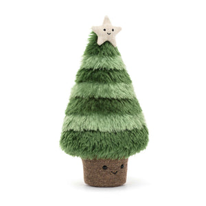  Jellycat Amuseable Nordic Spruce Christmas Tree (angled view) with striped "hair" & hessian star.