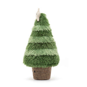 Soft Jellycat Amuseable Nordic Spruce Christmas Tree (side view) with two-tone stripes and a linen pot.