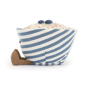 Super soft Jellycat Amuseable Oats plush, playful cotton bowl overflowing with golden oatmeal and plump blueberries. Adorable blue and cream stripes, charming gift for children and adults.