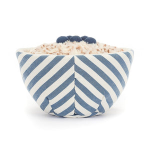 Quirky Jellycat Amuseable Oats plush, blue and cream striped bowl with plush rim and cute cord boots. Packed with fluffy oatmeal and blueberries, ready for breakfast adventures.