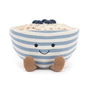 Adorable Jellycat Amuseable Oats plush, smiling cotton bowl with suedette rim and cord boots. Filled with golden oatmeal and juicy blueberries, a charming gift for all ages.