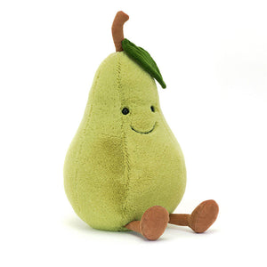 Jellycat Amuseable Pear plush toy. Soft green with a stitched smile, brown corduroy details like a leaf, stalk, and little boots. Perfect for cuddling and imaginative play.